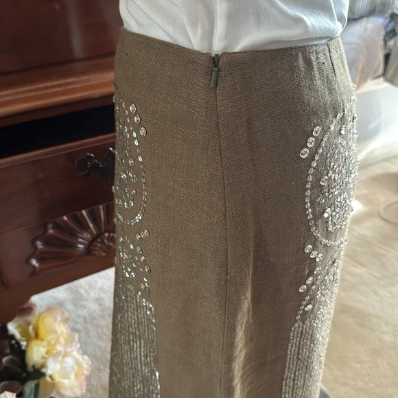 Tory Burch Tan Silver Sequin Pencil Skirt Size 10 - Picture 8 of 13